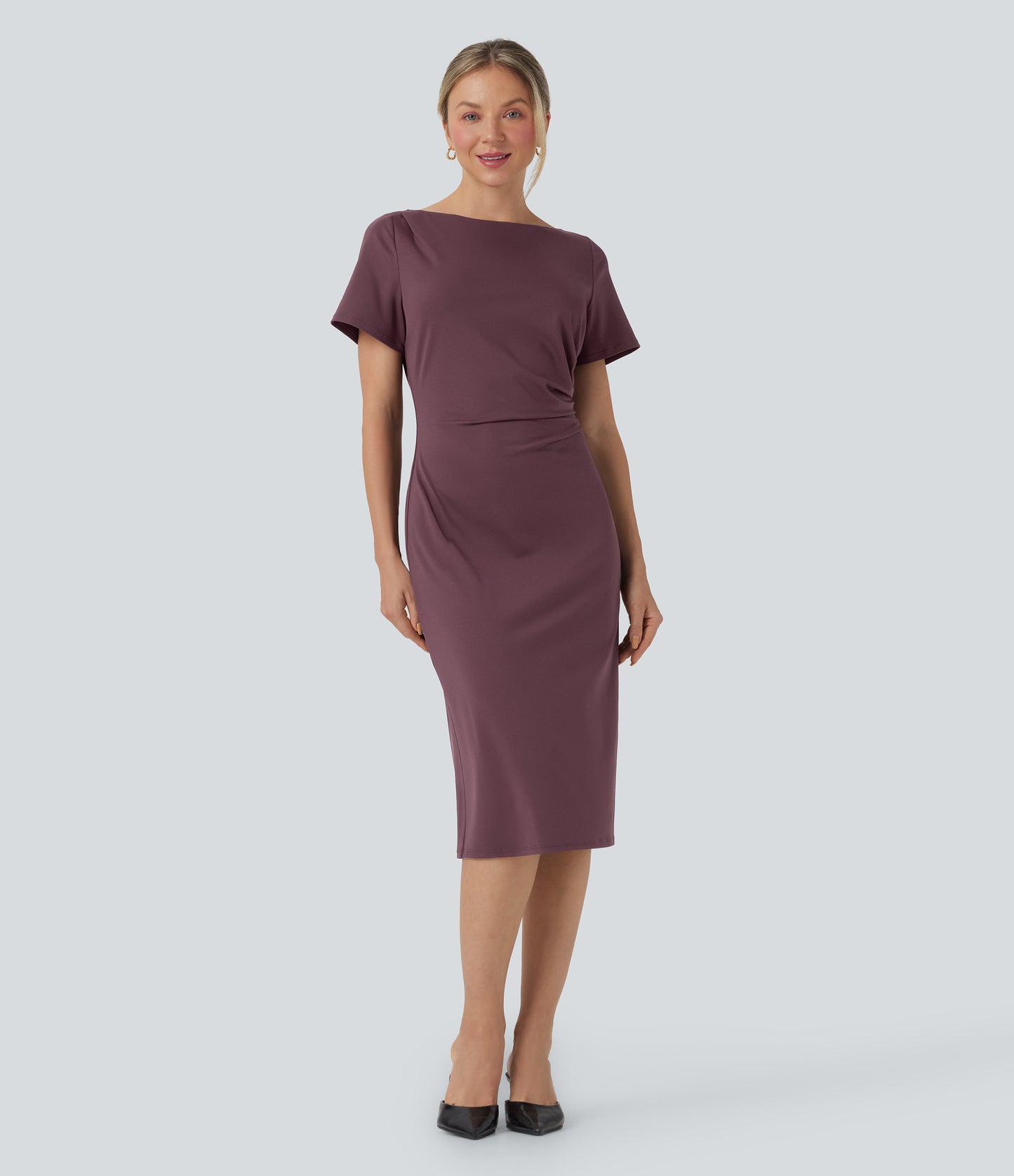 Chic Short Sleeve Ruched Bodycon Midi Work Dress for Women - Comfortable & Stylish