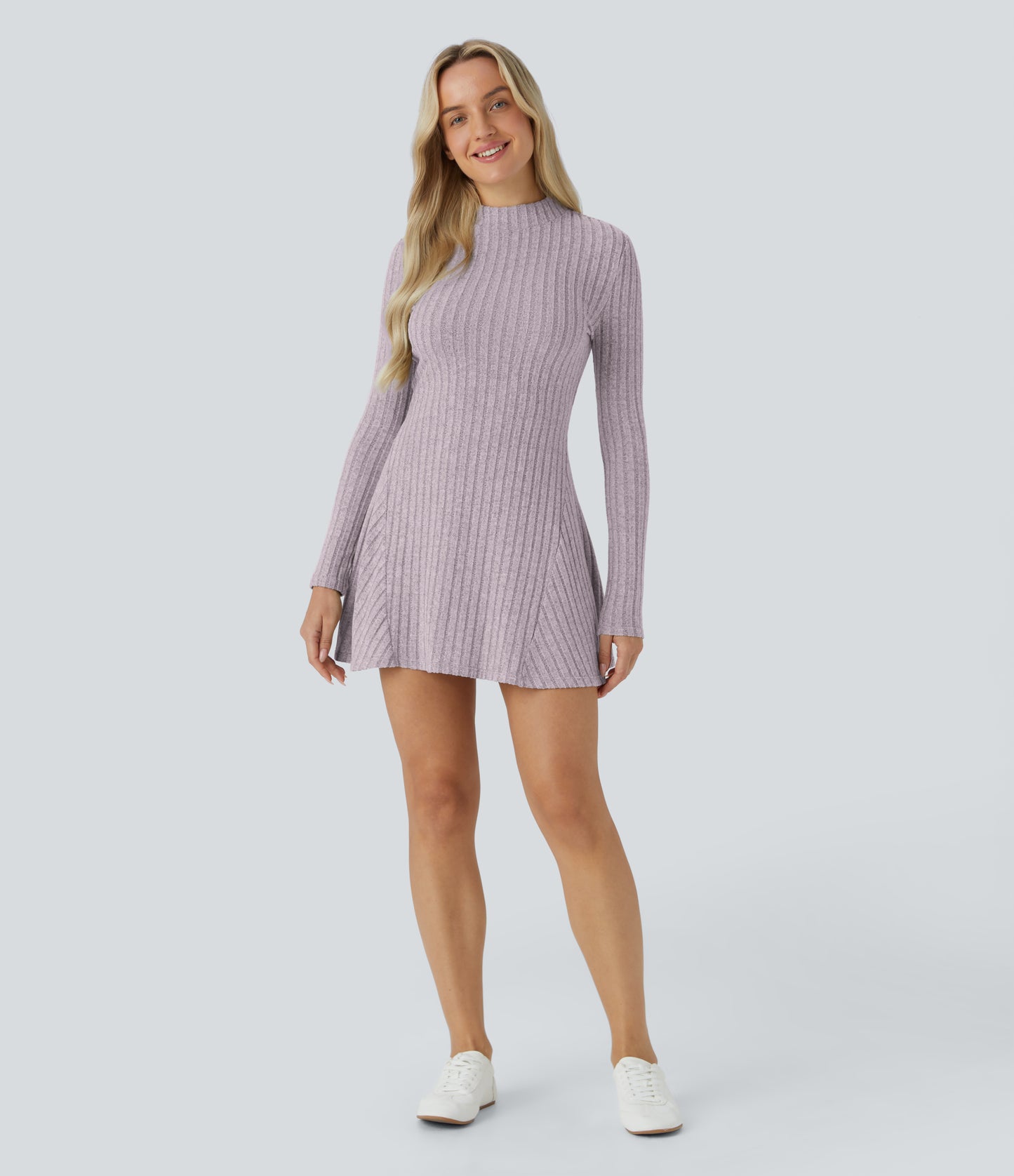 Soft Ribbed Knit Stand Collar Long Sleeve Mini Dress Cozy Everyday Versatile Style