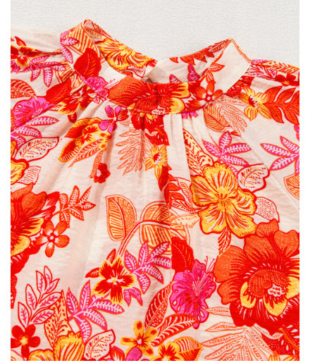 Orange Floral Print Pearl Button Keyhole Long Puff Sleeve Blouse