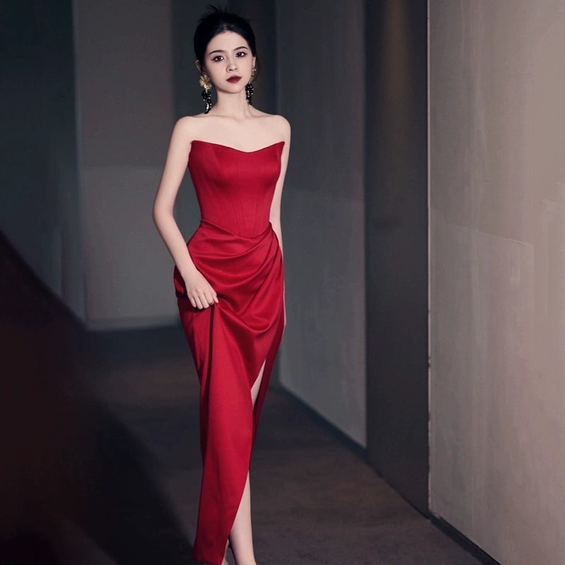 Fashion Bride Wine Red Engagement Wedding Back-to-door Casual Dress Small 01