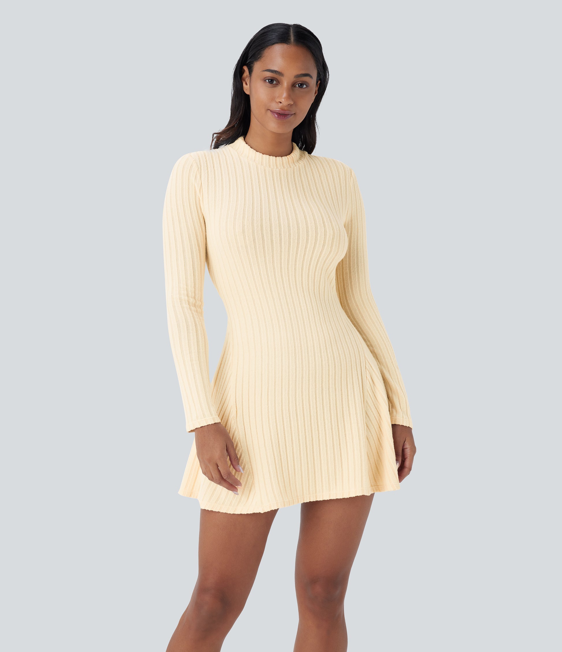 Soft Ribbed Knit Stand Collar Long Sleeve Mini Dress Cozy Everyday Versatile Style