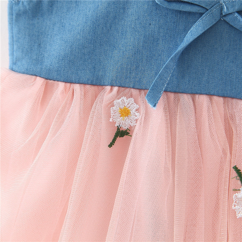 Girls Denim Straps Tulle Stitching Dress