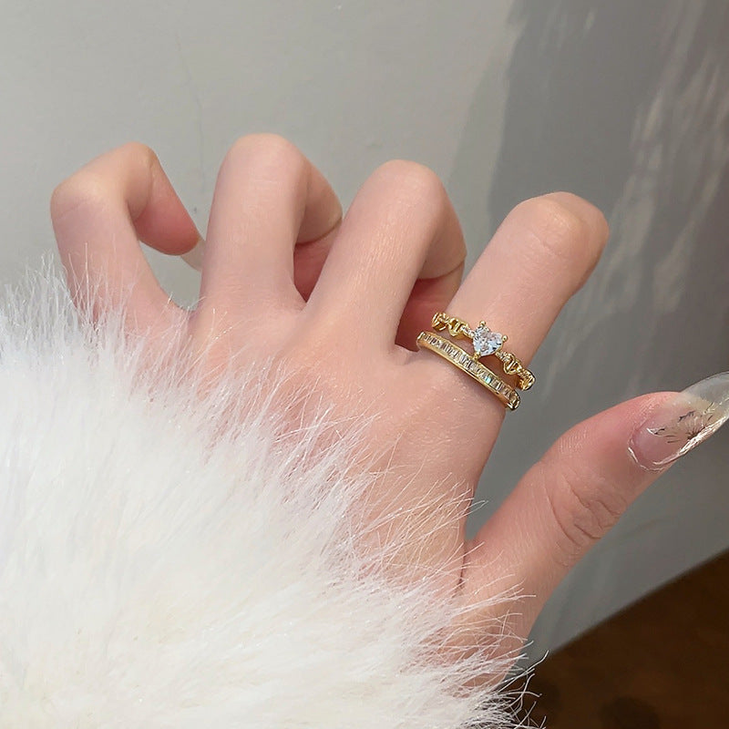 Rhinestone Loving Heart Zircon Ring Female Dual Layer Open-end 04