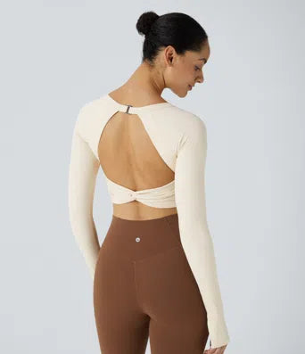 Softlyzero Plush Backless Cut Out Twisted Thumb Hole Cropped Yoga Sports Top