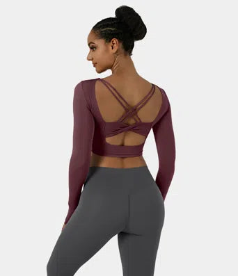 Softlyzero Plush Thumb Hole Backless Crisscross Cut Out Cropped Sports Top