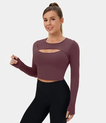 Softlyzero Plush Long Sleeve Thumb Hole Cut Out Cropped Dance Sports Top
