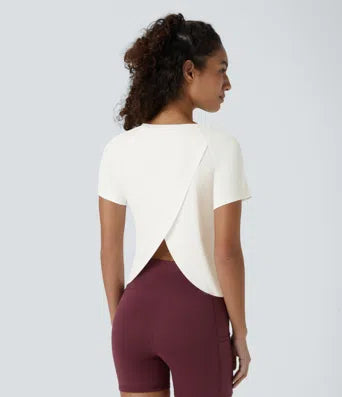 Contrast Mesh Split Hem Short Sleeve Cool Touch Yoga Sports Top-UPF50+
