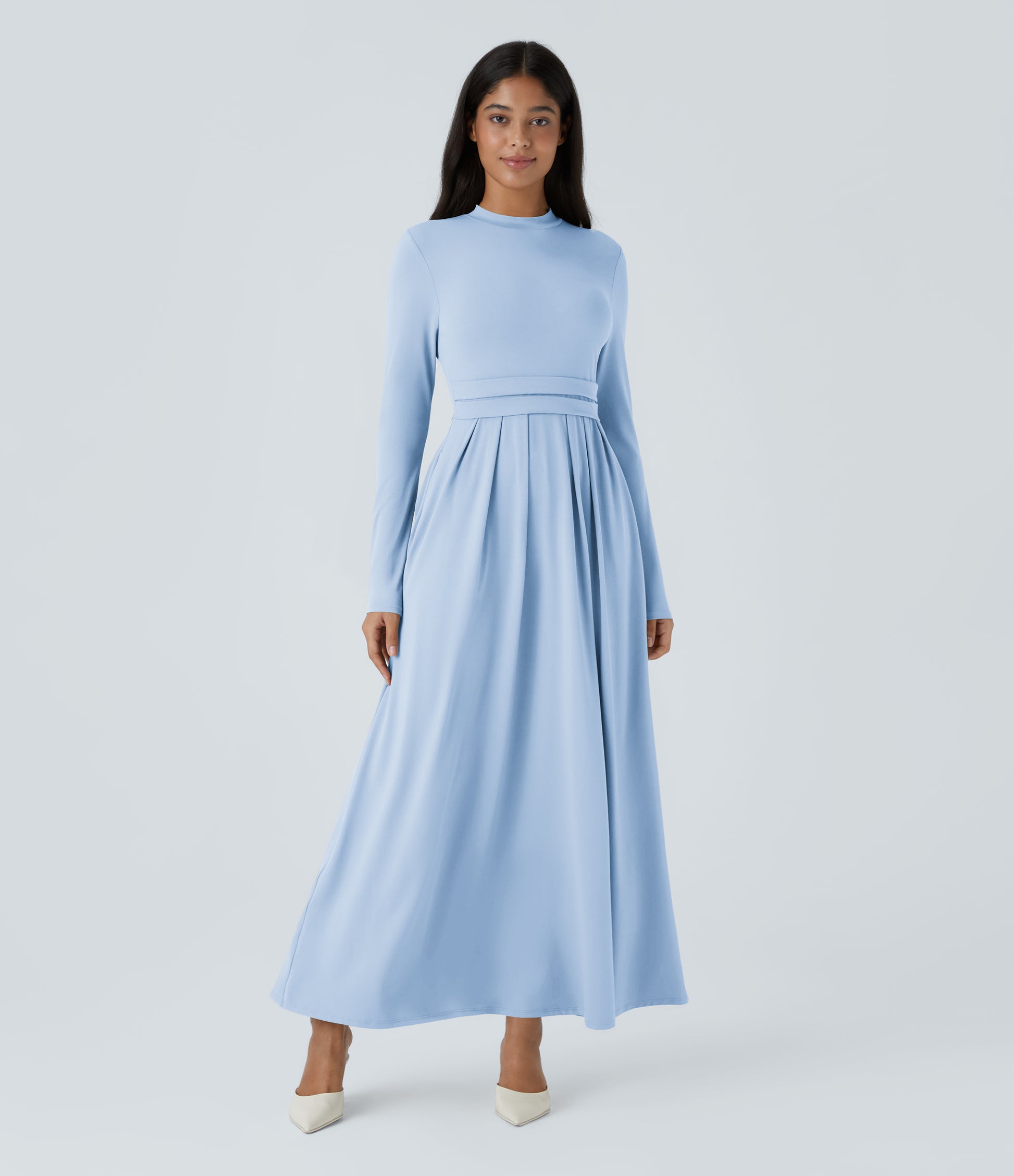 Elegant Mock-Neck Long Sleeve Flare Maxi Dress with Pockets for Women