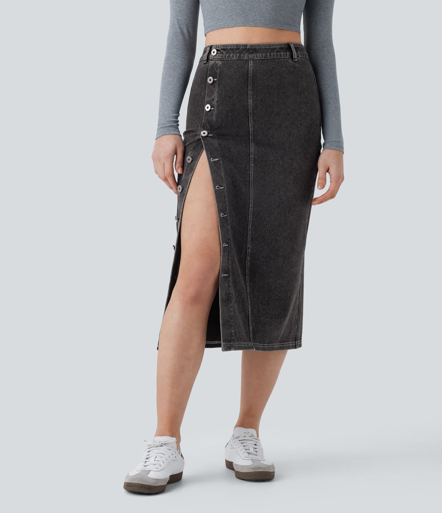 Halara Flex High-Waisted Stretchy Knit Denim Midi Skirt with Front Buttons