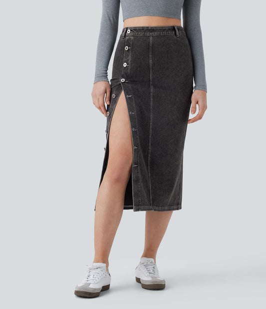 Halara Flex High-Waisted Stretchy Knit Denim Midi Skirt with Front Buttons