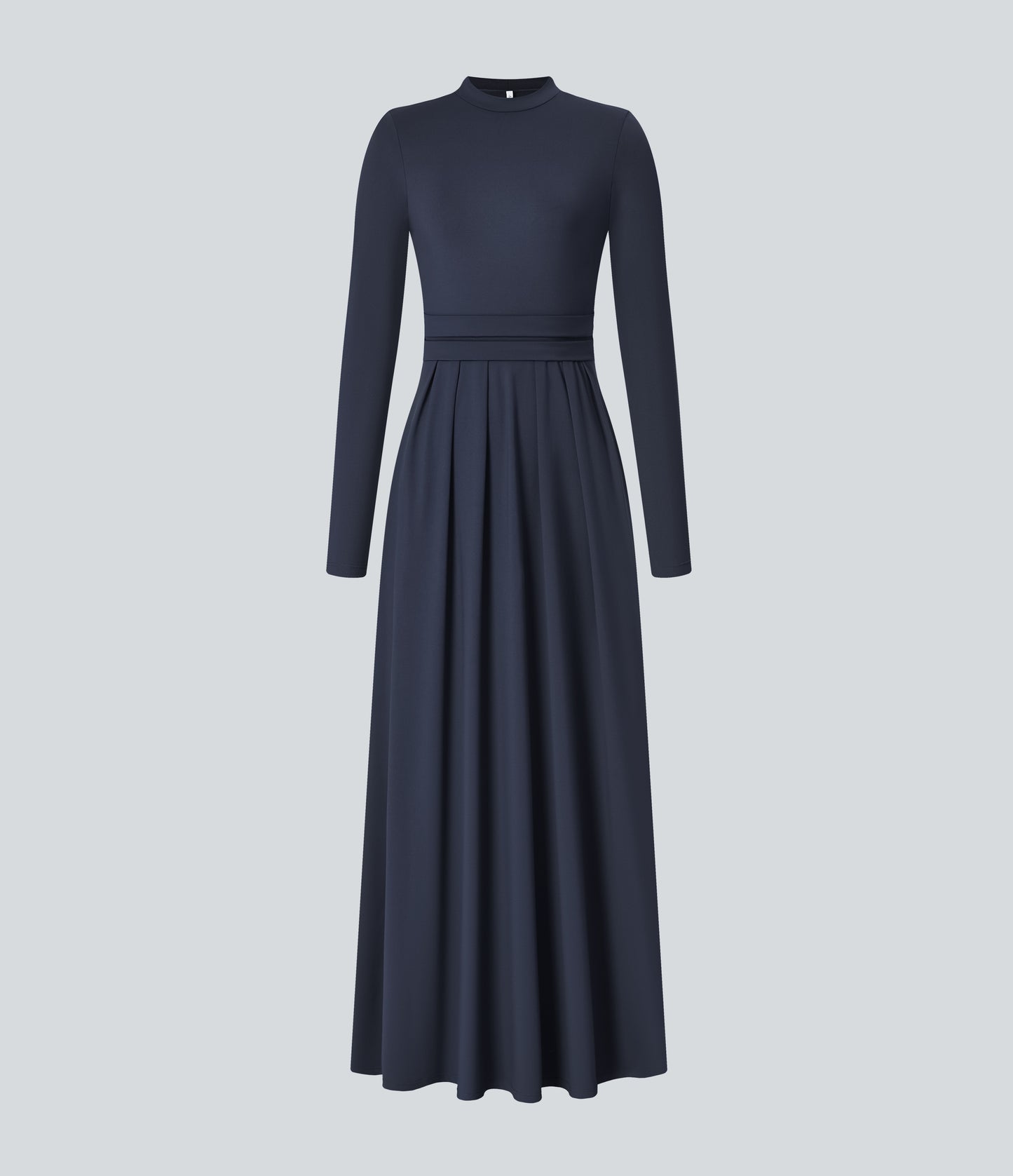 Elegant Mock-neck Long Sleeve Flare Maxi Dress with Convenient Side Pockets