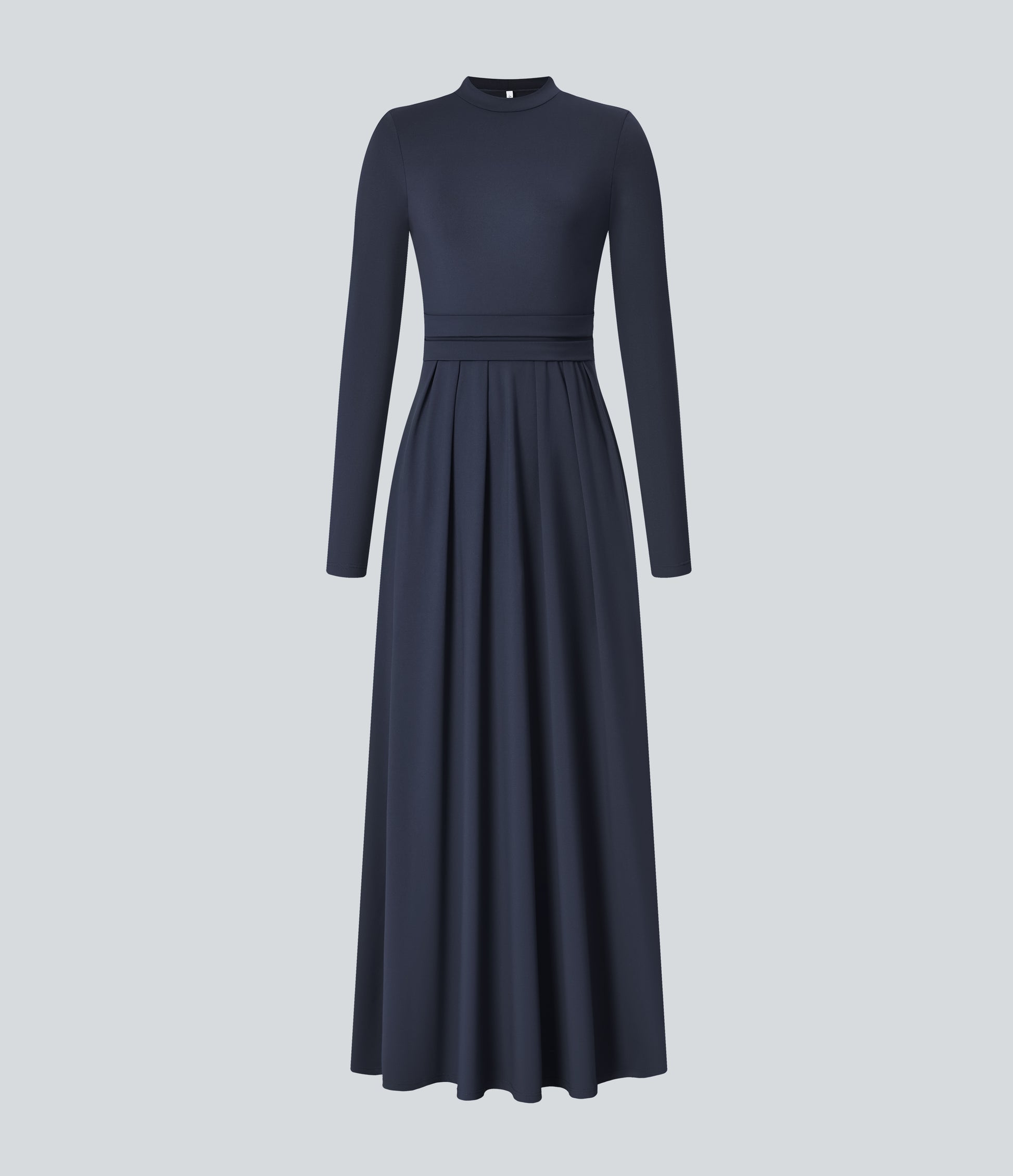 Elegant Mock-neck Long Sleeve Flare Maxi Dress with Convenient Side Pockets