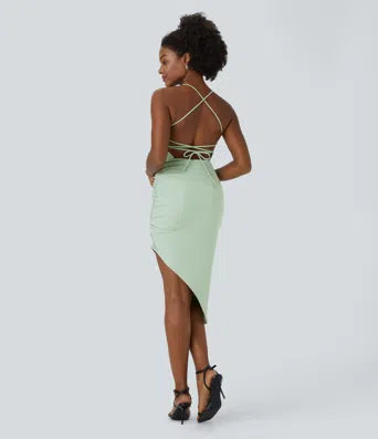 Backless Crisscross Lace Up Ruched Asymmetric Hem Bodycon Midi Casual Dress