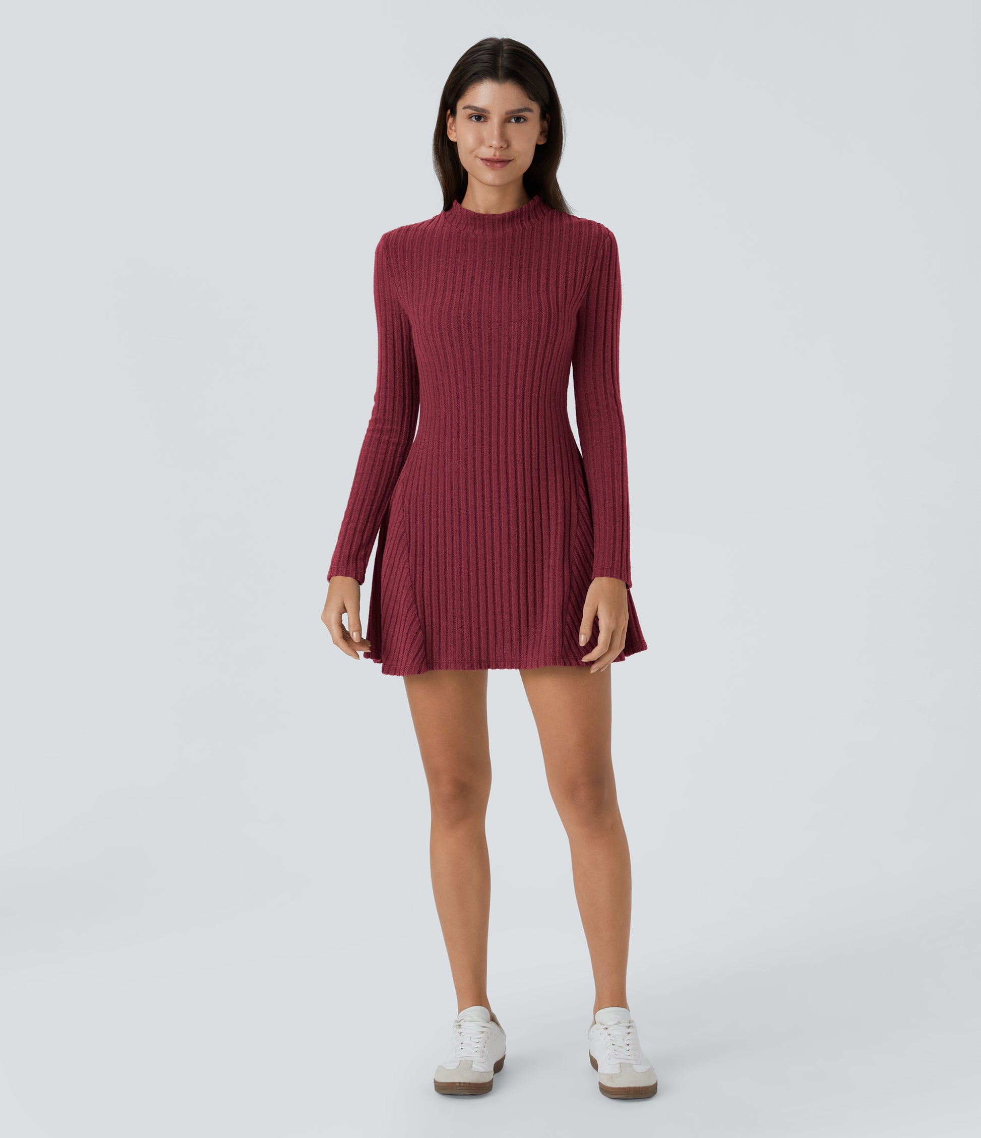 Soft Ribbed Knit Stand Collar Long Sleeve Mini Dress Cozy Everyday Versatile Style