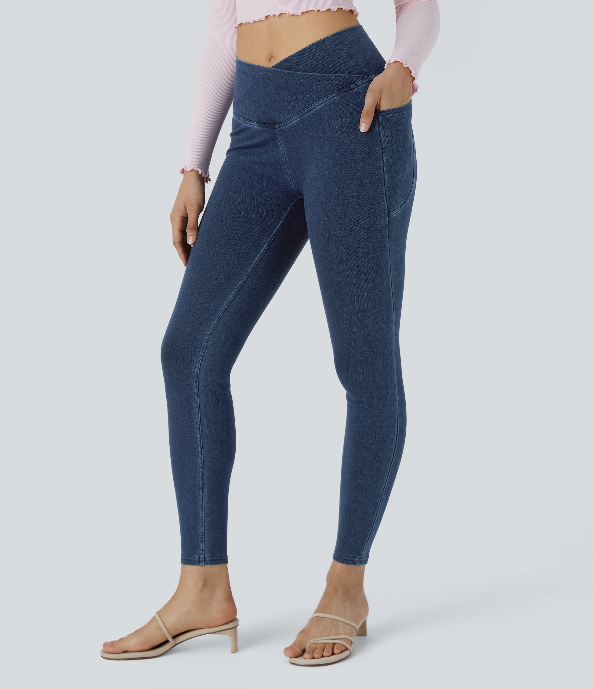 Halara Flex Crossover Side Pocket Washed Stretchy Knit Denim Work Leggings