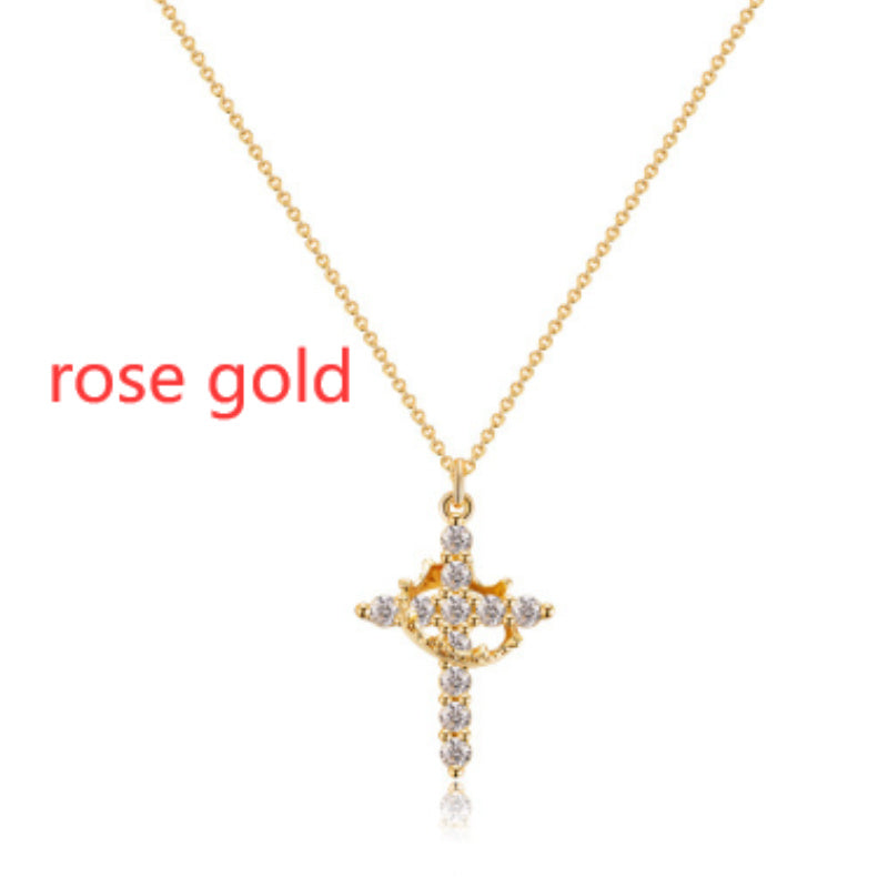 Cross Full Diamond Crown Rotatable Necklace 03