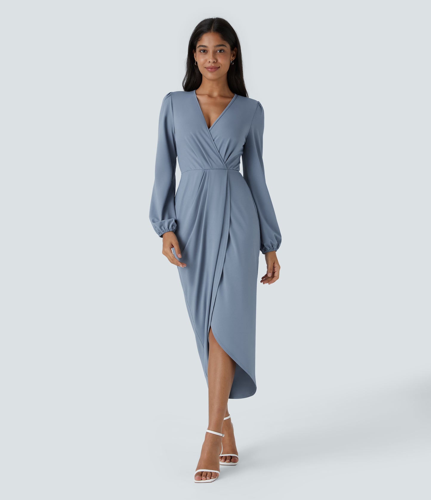 Halara Women's Elegant V-Neck Long Sleeve Tulip Hem Midi Party Dress