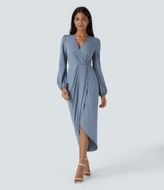 Halara Women's Elegant V-Neck Long Sleeve Tulip Hem Midi Party Dress