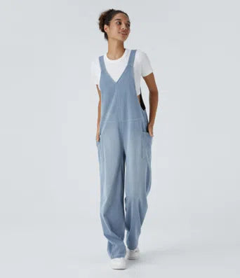 Halara Flex V Neck Side Pocket Washed Stretchy Knit Denim Casual Overalls