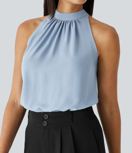 Women's Chic Keyhole Halter Sleeveless Blouse: Elegant Curved Hem Work Top