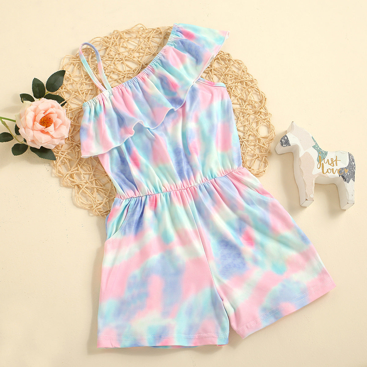 Girls' Tie-dye One-shoulder Ruffled Sling Shorts