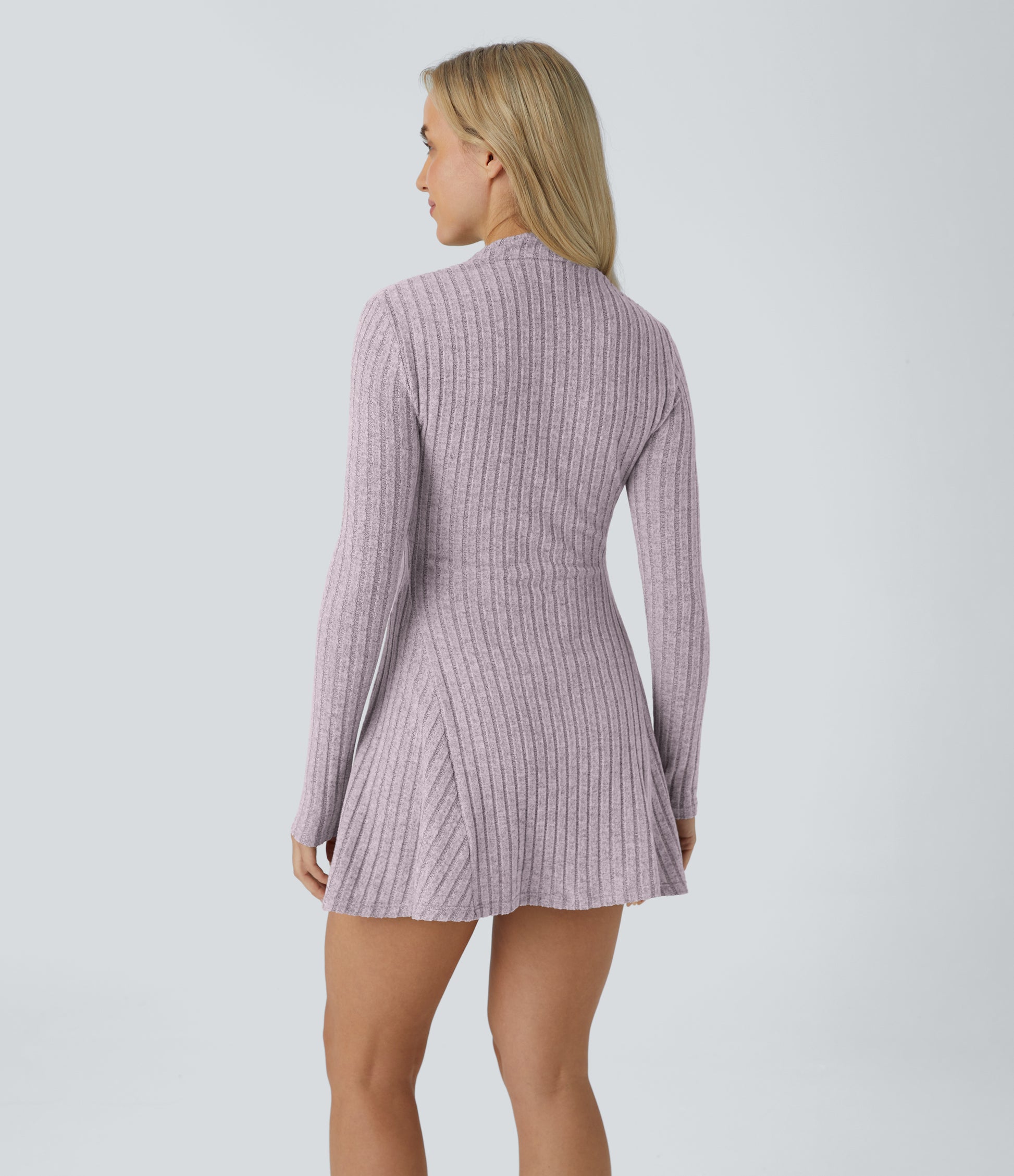 Soft Ribbed Knit Stand Collar Long Sleeve Mini Dress Cozy Everyday Versatile Style