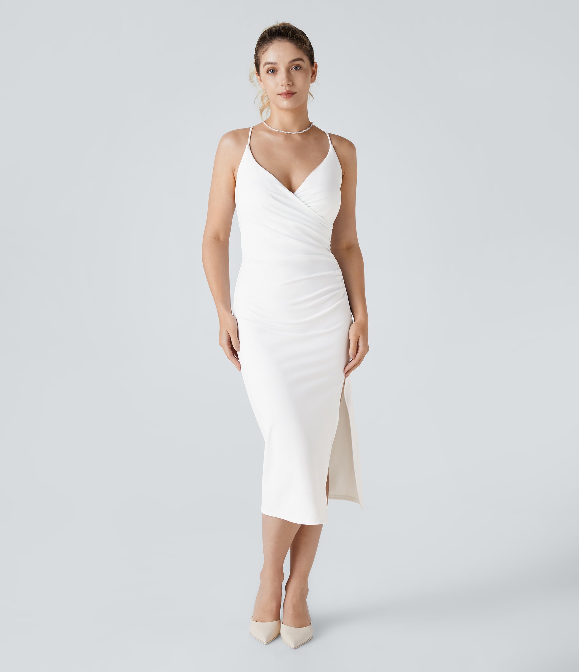 SoftlyZero Airy Crossover Ruched Backless Lace-Up Bodycon Midi Dress UPF50+