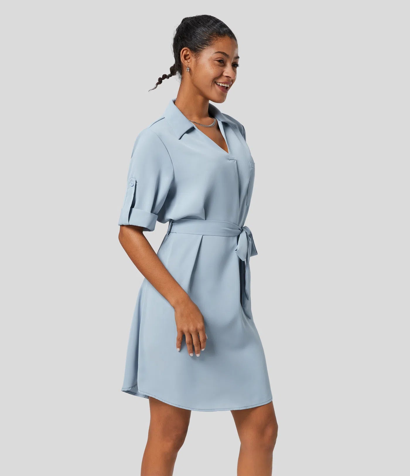 Chic Halara Women's Collared Roll-Up Sleeve Button-Down Belted Relaxed Midi Shirt Dress
