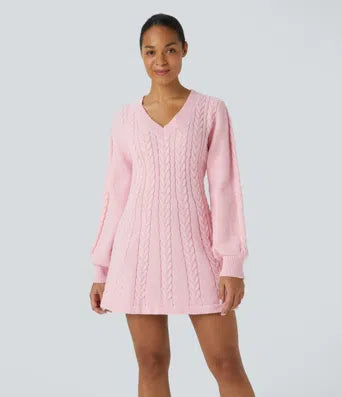 High Neck Long Sleeve Belted Knitted Bodycon Mini Casual Dress