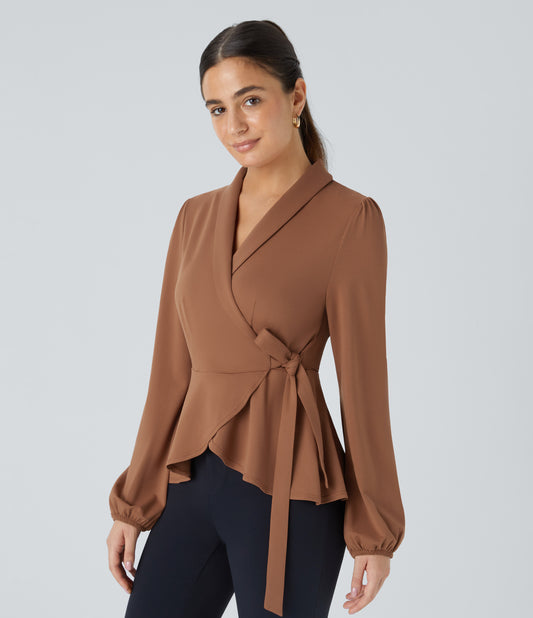 Elegant Shawl Collar Wrapped Tie Side Ruffle Hem Blouse for Work