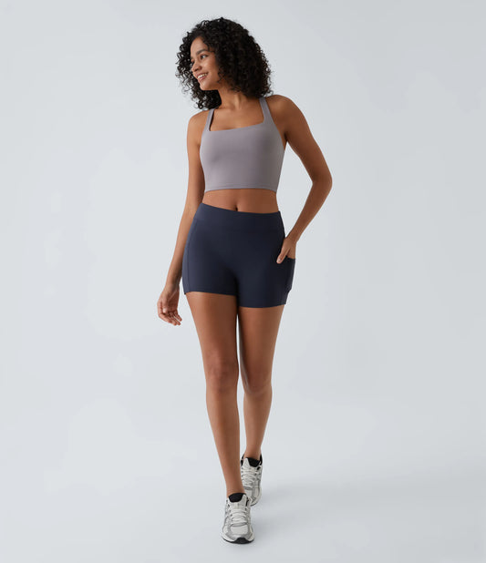 Softlyzero Airy High Waisted Side Pocket Plain Cool Touch Yoga Shorts 3.5"-UPF50+