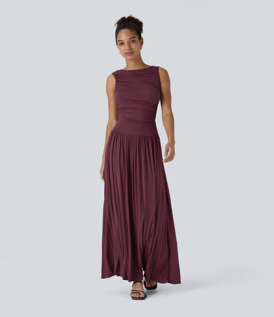 Chic Ribbed Boat Neck Flowy Maxi Dress with Asymmetric Strap & Side Pockets