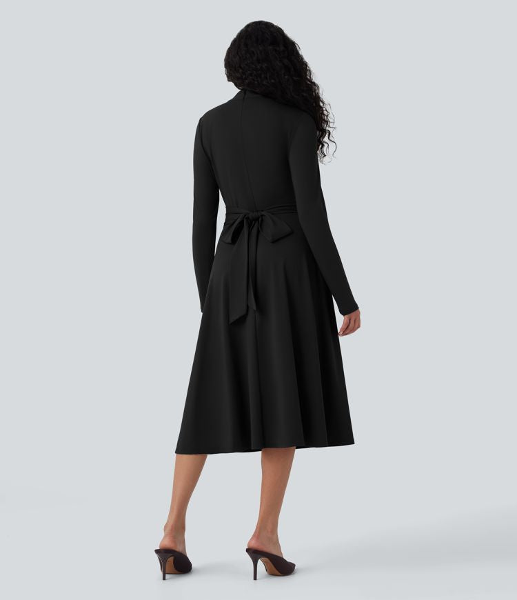 Chic Cut Out Long Sleeve Tie Back Midi Dress - Modern Style & Pockets