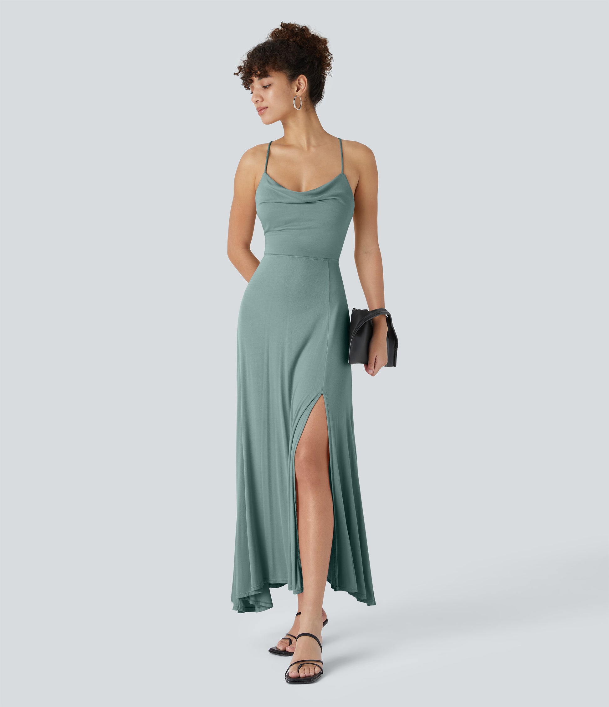 Elegant Ribbed Cowl Neck Backless Crisscross Lace-Up Split Midi Party Dress