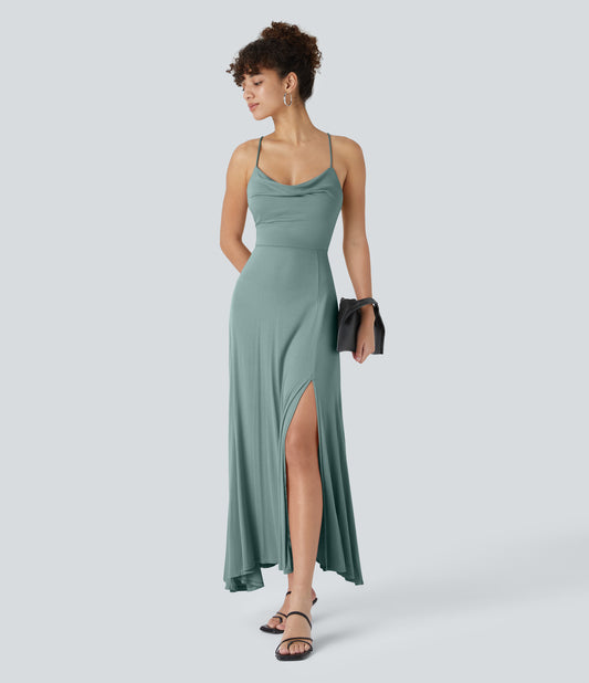 Elegant Ribbed Cowl Neck Backless Crisscross Lace-Up Split Midi Party Dress