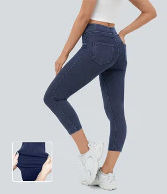 Halara Flex  High Waisted Back Side Pocket Stretchy Knit Denim Capri Casual Leggings