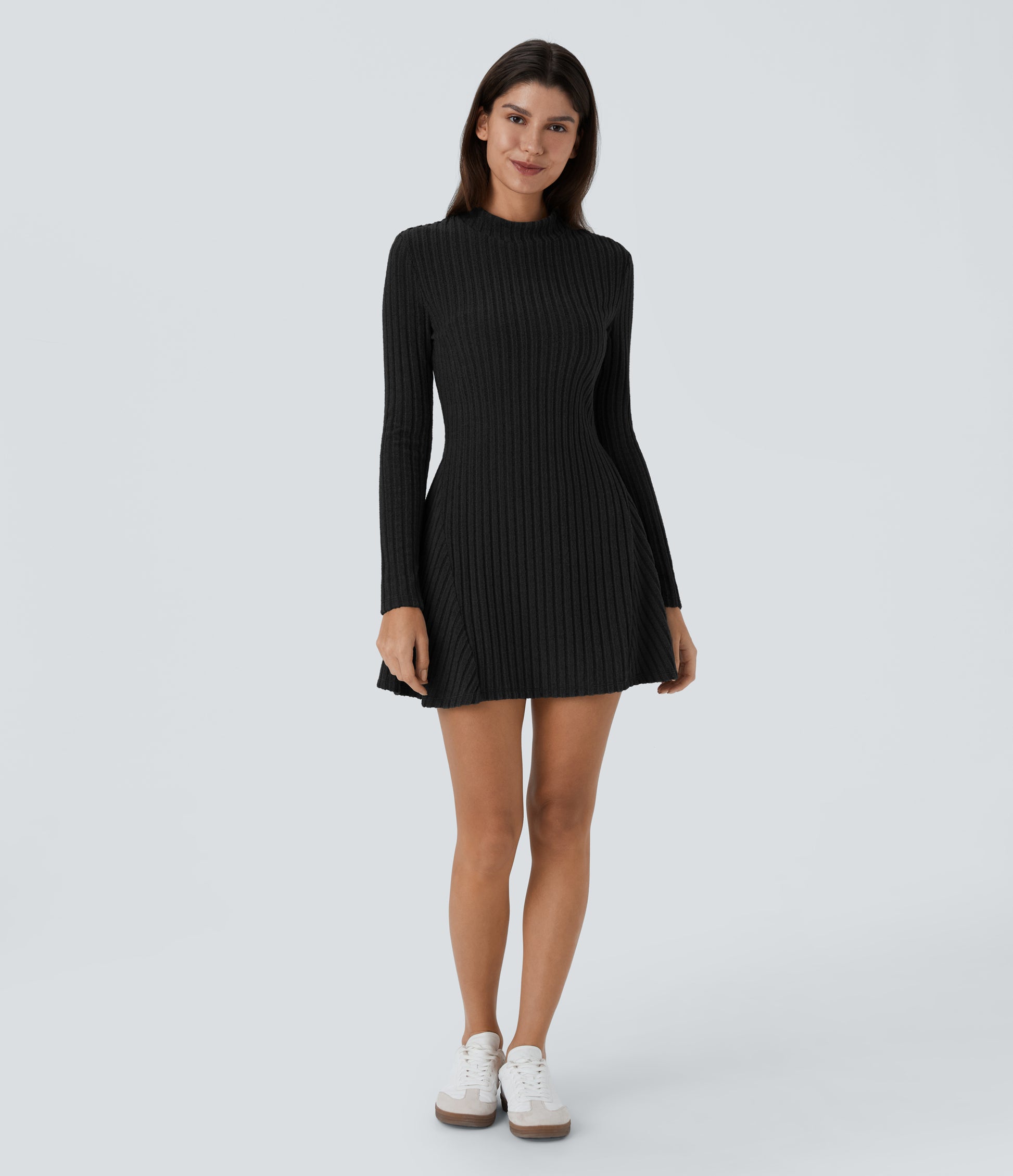 Soft Ribbed Knit Stand Collar Long Sleeve Mini Dress Cozy Everyday Versatile Style