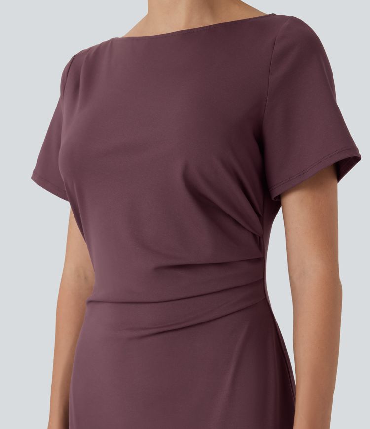 Chic Short Sleeve Ruched Bodycon Midi Work Dress for Women - Comfortable & Stylish