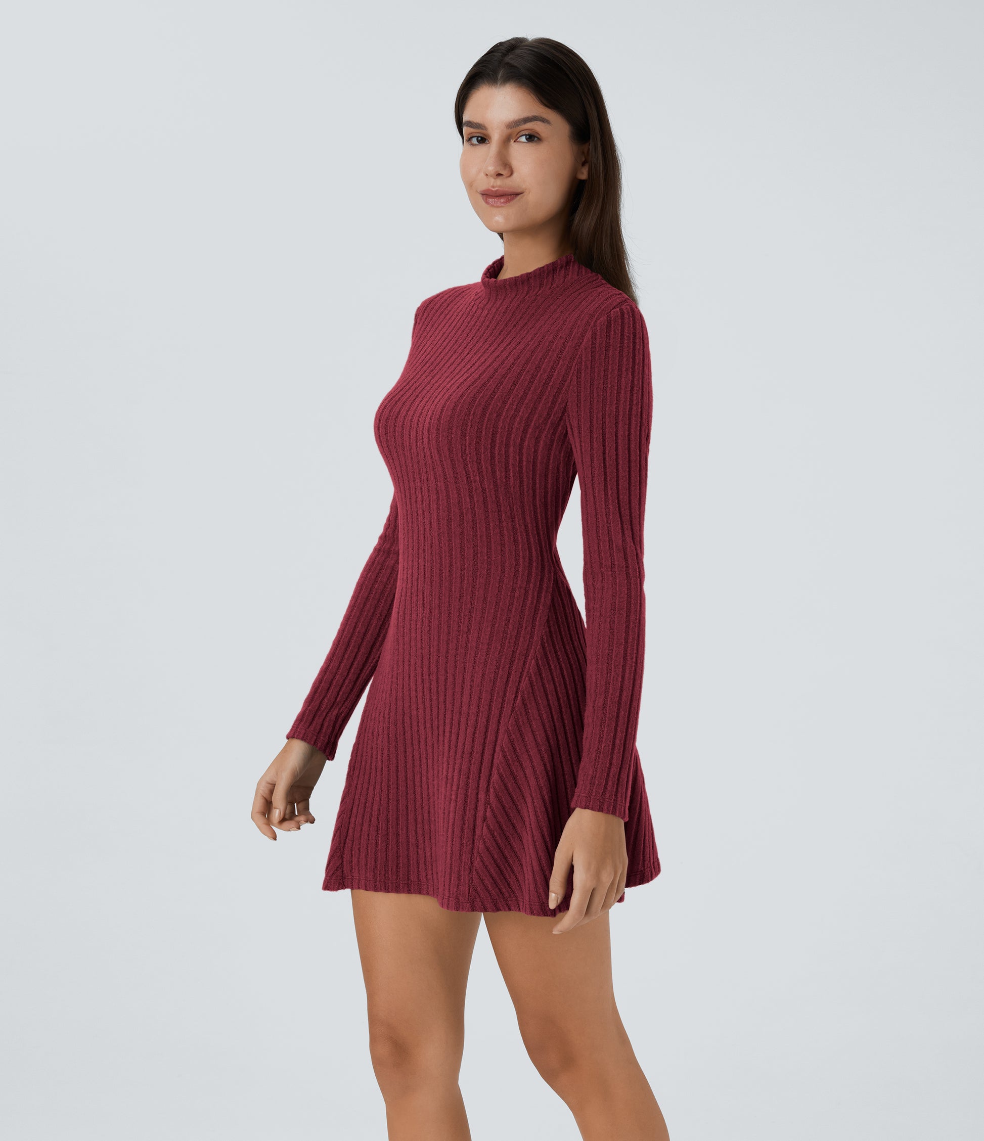 Soft Ribbed Knit Stand Collar Long Sleeve Mini Dress Cozy Everyday Versatile Style