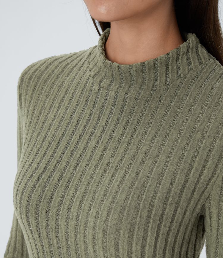 Comfy Chic Ribbed Knit Stand Collar Long Sleeve Mini Dress - Versatile Style