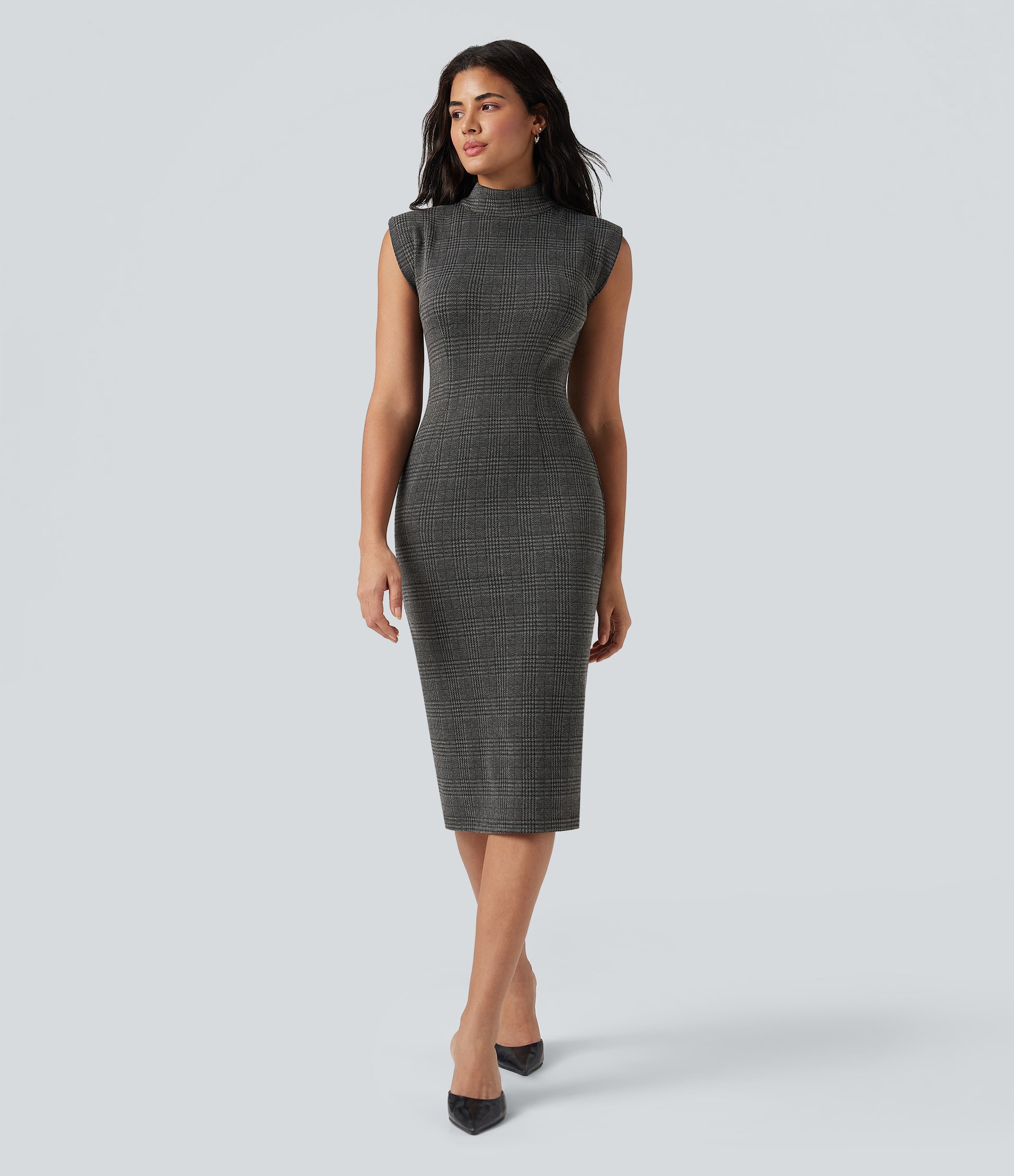 Elegant High Neck Sleeveless Bodycon Houndstooth Plaid Midi Work Dress Women's
