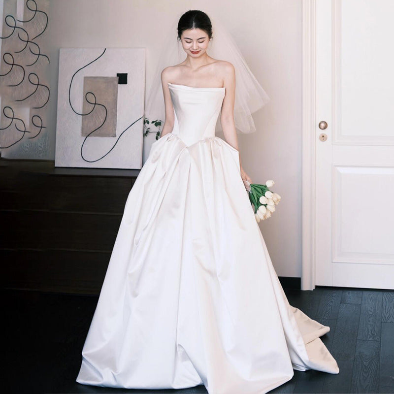 Vintage Light Wedding Dress Tube Top Satin High-end Bridal White Dress