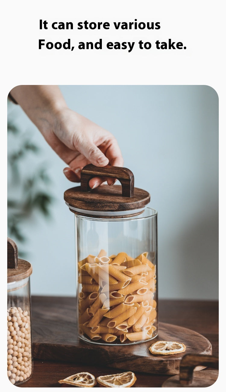 Multi-size glass cereal canister featuring Japanese minimalist design with solid wood sealing cover