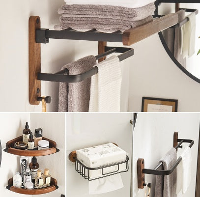 Farmhouse-style wooden bathroom shelf unit with built-in towel bars and adhesive mounting technology