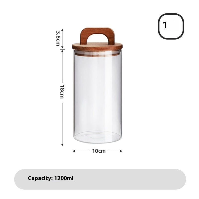 Versatile glass grain container featuring Japanese-style aesthetics and solid wood sealing system