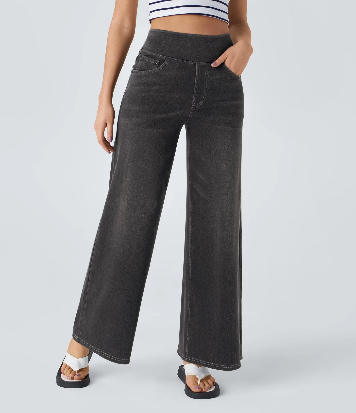 Halara Flex High Waisted Multiple Pockets Wide Leg Washed Stretchy Knit Casual Jeans