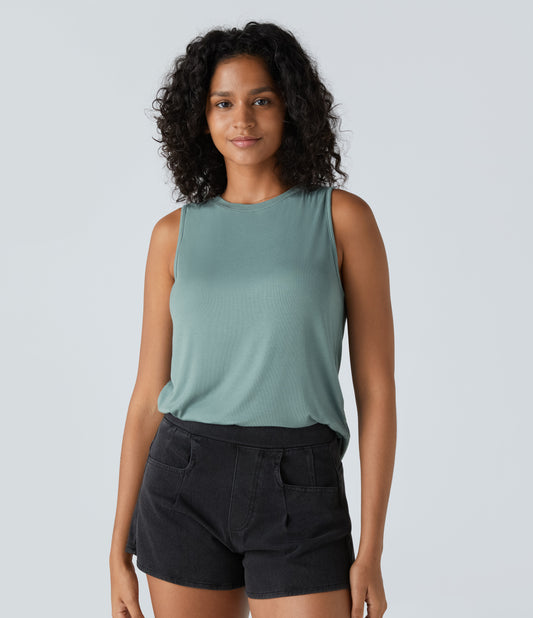 Women's Essential Ribbed Round Neck Casual Tank Top - Soft, Stretchy, Versatile