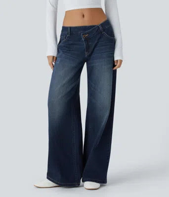 Halara Flex Asymmetric Low Rise Button Zipper Multiple Pockets Wide Leg Washed Stretchy Knit Casual Jeans