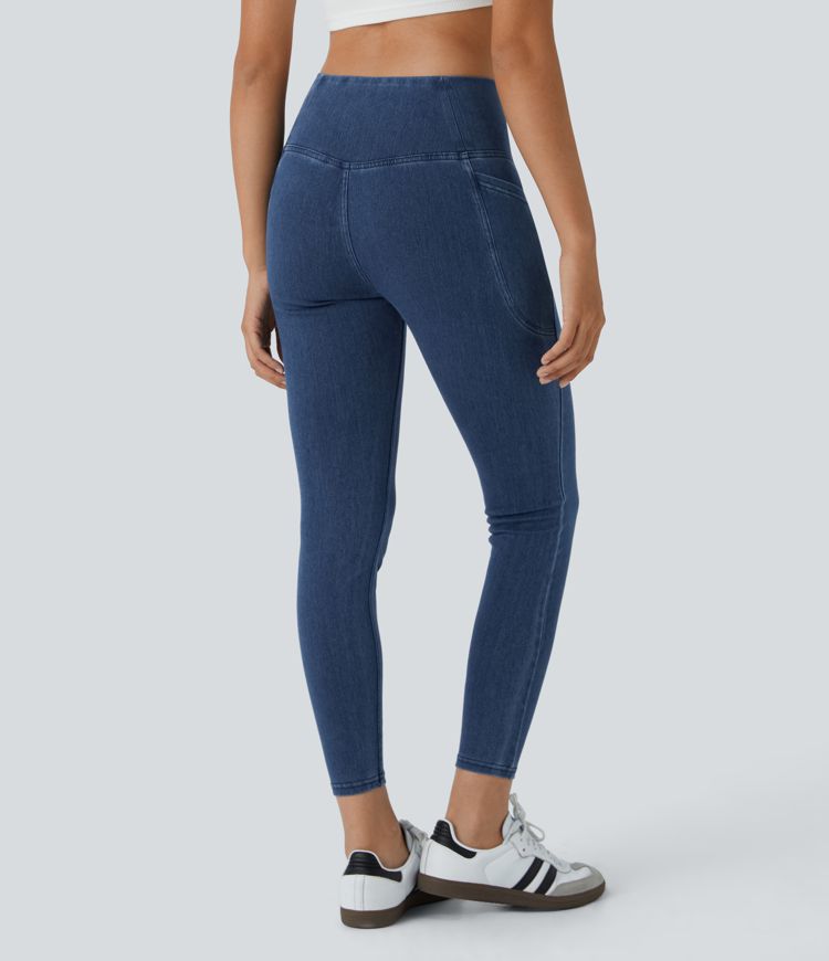 Halara Flex Crossover Side Pocket Washed Stretchy Knit Denim Work Leggings