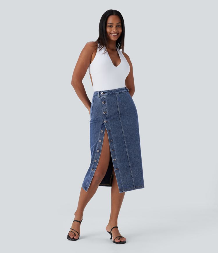 Halara Flex High-Waisted Stretchy Knit Denim Midi Skirt with Front Buttons